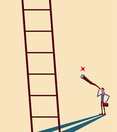 Businessman standing in front of a ladder and looking through a hand-held telescope, Planning your climb up the ladder of success