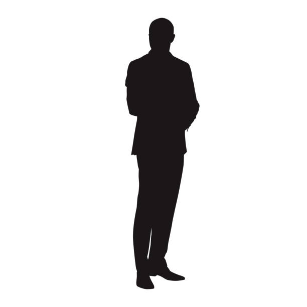 Businessman standing in suit, isolated vector silhouette. People at work Businessman standing in suit, isolated vector silhouette. People at work teacher silhouettes stock illustrations