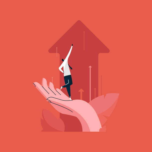 businessman standing on Human hand and pushing the business chart arrows upward, business team growth concept businessman standing on Human hand and pushing the business chart arrows upward, business team growth concept growth stock illustrations