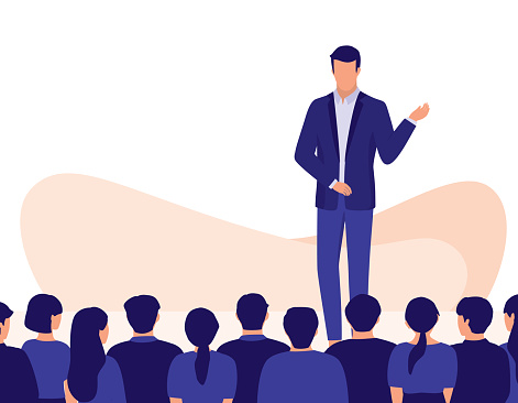 Businessman Standing On Stage. Conference Concept. Vector Flat Cartoon Illustration.