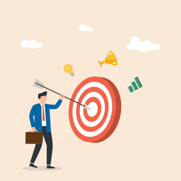 Businessman sticks an arrow at a big target. Goal achievement. Hit the target Businessman sticks an arrow at a big target. Goal achievement. Man hit the target exactly. Vector illustration leadership clipart stock illustrations