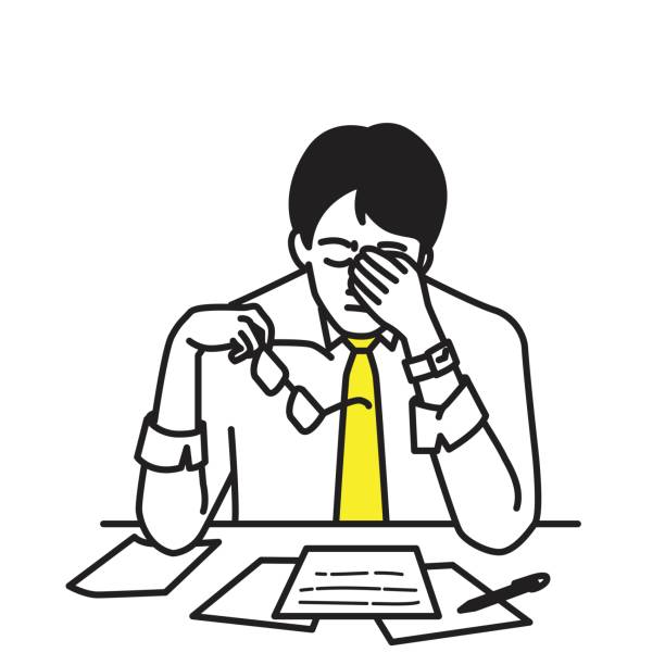 Businessman stressed at his workplace Vector illustration portrait character of businessman, sitting at his table, workplace, covering his face with hands, holding glasses to relax, expressing stressed emotion. Outline, contour, line art, hand drawn, cartoon, doodle, simple color design. headache cartoon stock illustrations