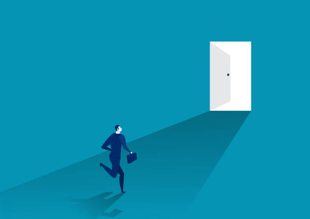 businessman suit run in front of an open door, vector illustrator. vector art illustration