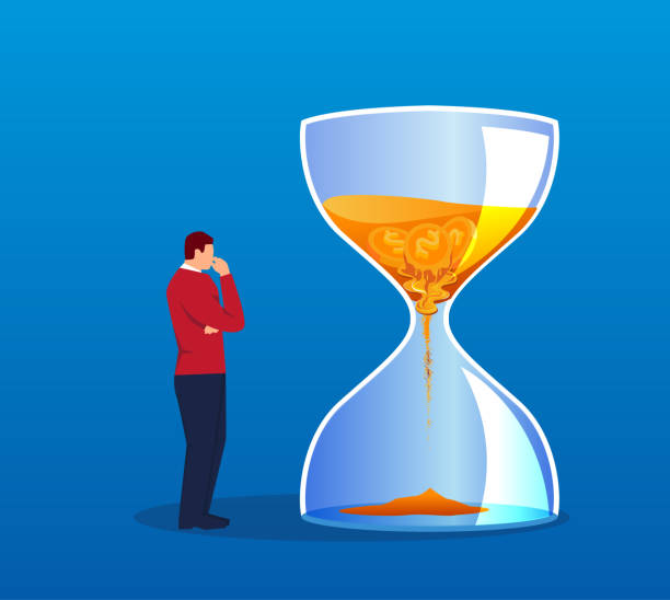 Businessman thinking about the money lost in the hourglass vector art illustration
