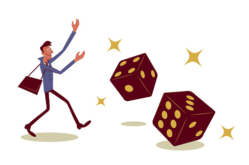 Businessman throwing two big dice to move forward