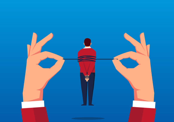 Businessman tied to the air by giants Businessman tied to the air by giants restraining stock illustrations
