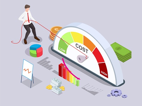 Businessman turning quality meter arrow back with rope from high to low level, flat vector isometric illustration. Price management. Cost reduction strategy.
