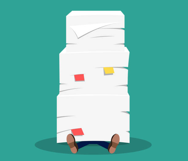 Businessman under the stack of paper, Businessman under the stack of paper. Vector illustration in flat style buried stock illustrations