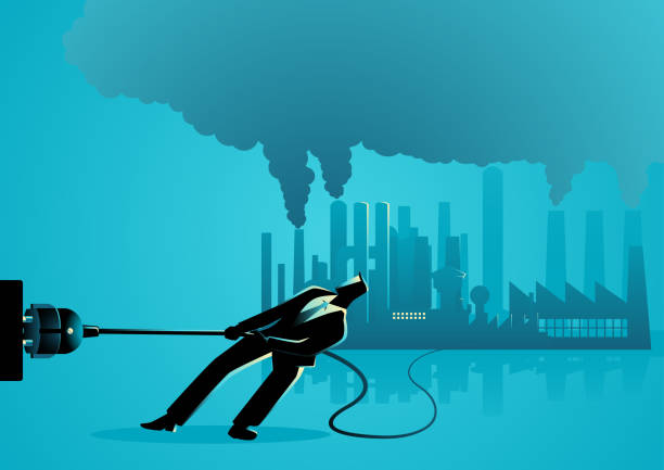 Businessman unplugging polluted factory Vector illustration of a businessman unplugging polluted factory manufacturing silhouettes stock illustrations