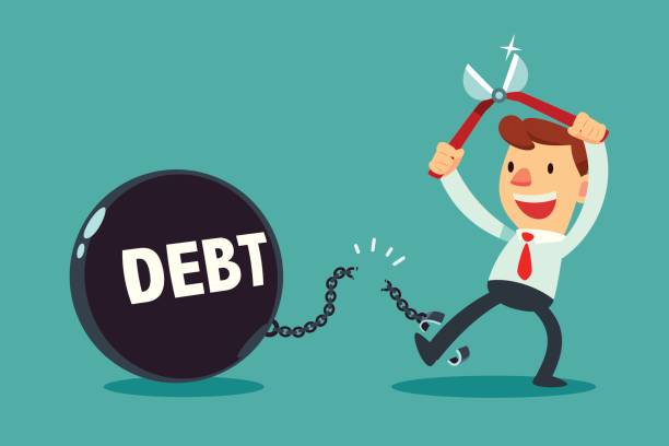 businessman use pliers to cut the chain and debt metal ball businessman use pliers to cut the chain and free himself from debt metal ball. Financial freedom concept. debt stock illustrations
