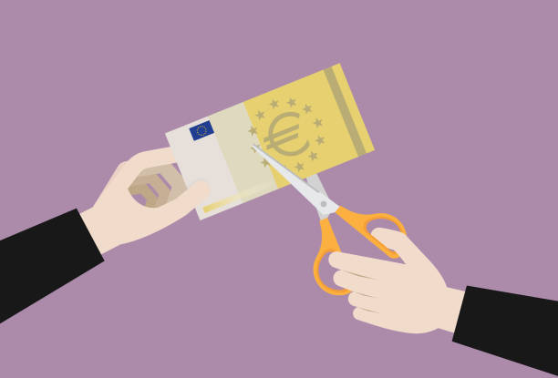 ilustraciones, imágenes clip art, dibujos animados e iconos de stock de businessman usa tijeras para cortar un billete en euros - inflation