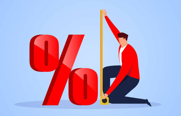 Businessman using tape measure to measure the height of the percentage symbol Businessman using tape measure to measure the height of the percentage symbol interest rate stock illustrations