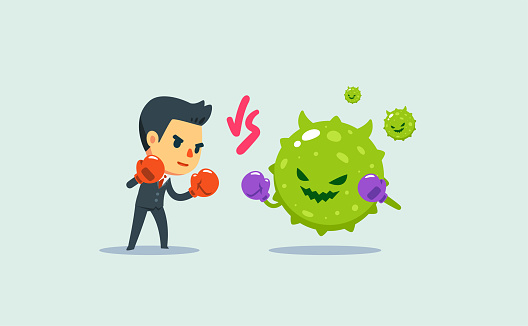 A Businessman versus the virus. Isolated Vector Illustration