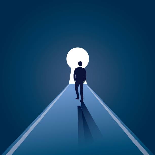 Businessman Vision Concept Vector illustration. Business vision concept. Businessman walking forward to opened door of chance. Key hole, path. Future, direction development, goal, success door silhouettes stock illustrations