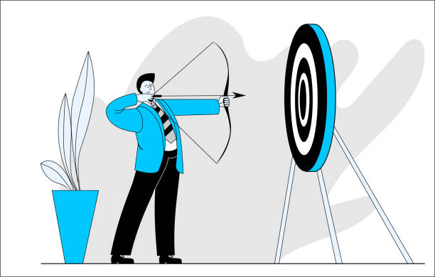 ilustraciones, imágenes clip art, dibujos animados e iconos de stock de un hombre de negocios con un arco y una flecha elige un objetivo. - target market