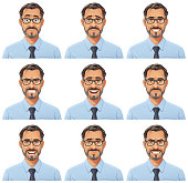 Vector illustration of a bearded mature businessman with glasses with nine different facial expressions: angry, talking, laughing, stunned/surprised, mean/smirking, smiling, sceptic, anxious, neutral. Portraits perfectly match each other and can be easily used for facial animation. Glasses on seperate layer and can be removed.