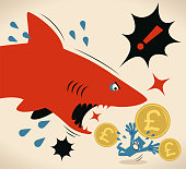 Blue Cartoon Characters Design Vector Art Illustration.
Businessman with British Pound Currency is getting attacked by a shark.