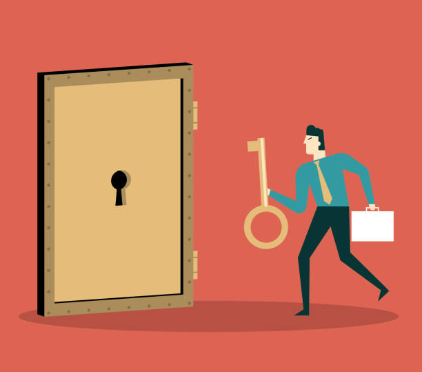 Businessman with golden key try to unlock the door Businessman with golden key try to unlock the door. Concept of business risk and success strataderm trị mụn stock illustrations