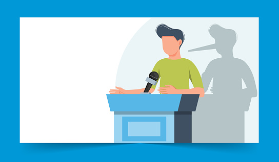 Businessman with long nose shadow on wall. Orator speaking from tribune.  Cheat, fraud, scam, hoax and crime. Public speaker. Liar, lying people in business. Flat vector illustration