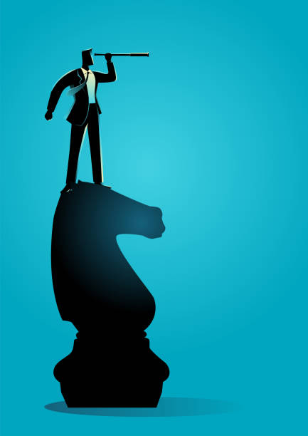 Businessman with telescope standing on chess knight Business concept vector illustration of businessman with telescope standing on chess knight, strategy, vision concept chess silhouettes stock illustrations