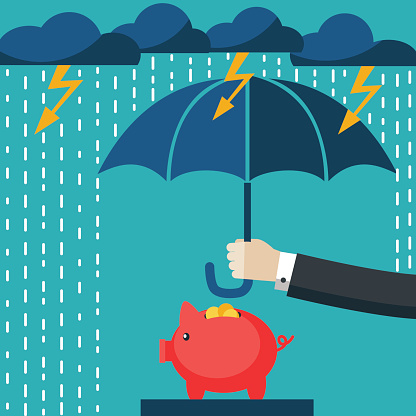 Businessman with umbrella protecting his piggy bank. Saving money concept
