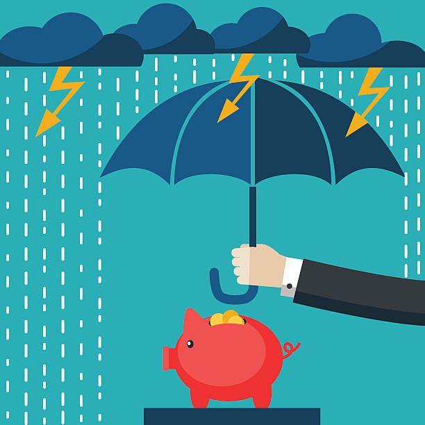 Businessman with umbrella protecting his piggy bank. Saving money concept Businessman with umbrella protecting his piggy bank. Saving money for any storm problem will come. Business concept. accidents and disasters stock illustrations