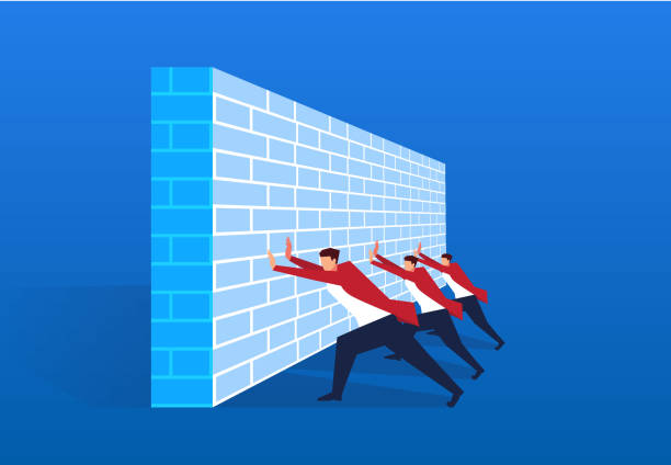 Businessman working hard together trying to push the wall Businessman working hard together trying to push the wall construction barrier stock illustrations
