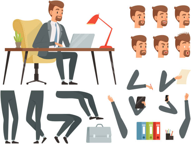 Businessman workspace. Vector mascot creation kit. Various key frames for business character animation Businessman workspace. Vector mascot creation kit. Various key frames for business character animation. Business man character emotion and gesture, create animation illustration businessman borders stock illustrations