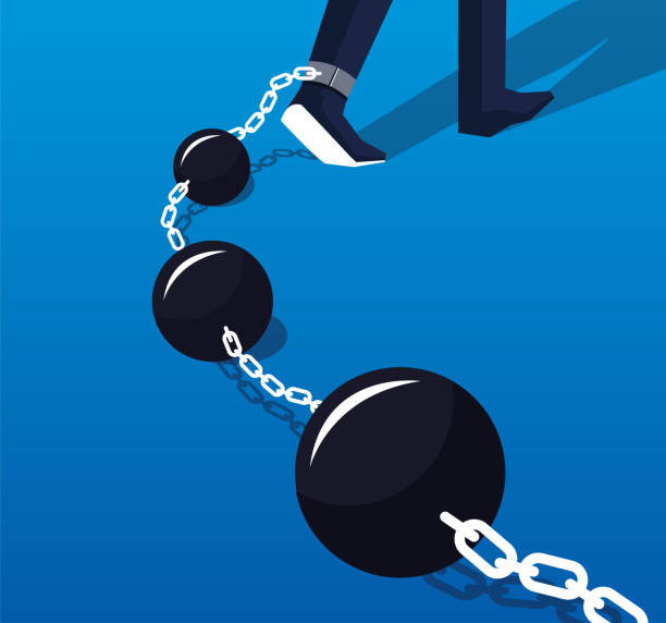 Businessman's legs tied to a string of iron balls Businessman's legs tied to a string of iron balls restraining stock illustrations