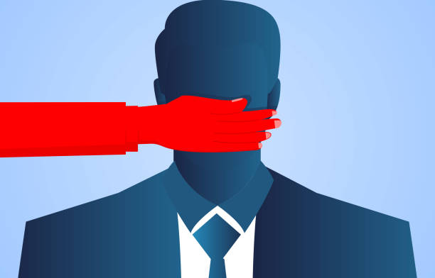 Businessman's mouth is blocked by red hands vector art illustration