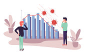 Businessmen analyzing market fall occured by coronavirus outbreak. Data graph with falling trend due to Covid-19 world pandemic. Quarantine financial crisis. Vector illustration, eps8