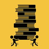 Businessmen are carrying a tall pile of books, vector illustration.