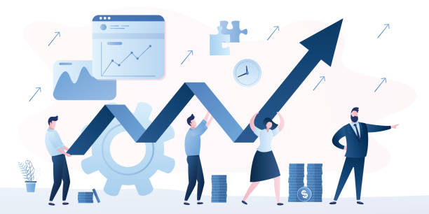 Businesspeople holding big arrow. Handsome businessman boss leads and directs. Businesspeople holding big arrow. Handsome businessman boss leads and directs. Company teamwork banner template. Stock market analysis. Profit growth, Revenue Forecast. Trendy Vector illustration revenue stock illustrations