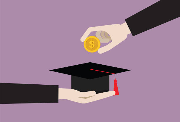 Businesspeople putting US dollar coin into a graduation cap Finance, Student, University, Education, Scholarship, Currency, Fee, Saving, Coin student loan stock illustrations