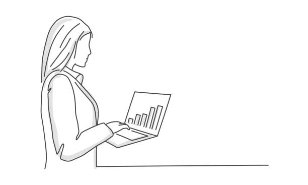 Businesswoman analyzing statistics on laptop screen. Businesswoman analyzing statistics on laptop screen. Line drawing vector illustration. finance drawings stock illustrations
