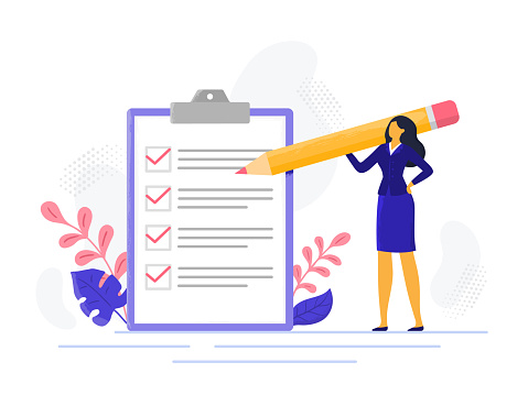 Businesswoman checklist. Successful woman checking task success, completed business tasks. Check mark list vector illustration