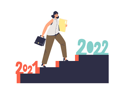 Businesswoman climbing upstairs from 2021 to 2022 with successful opportunities for business development and career growth. Cartoon flat vector illustration
