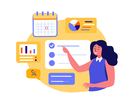 Businesswoman Coach Presenting Anti-Crisis Concept,Deadline,Plan for Bankrupt Company.Income,Interest Rate,Profit.Business Revenue Increase.Successful Interest Growth,Increase.Flat Vector Illustration