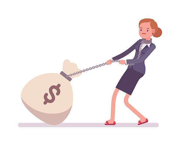 Businesswoman dragging a giant heavy money sack Businesswoman dragging a giant heavy money sack on a chain. Cartoon vector flat-style concept illustration big fat girl drawing stock illustrations