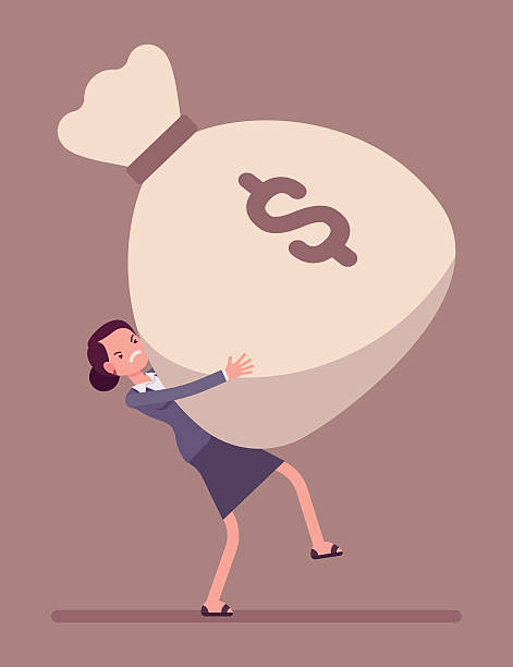 Businesswoman dragging a giant money sack Businesswoman dragging a heavy giant money sack. Cartoon vector flat-style concept illustration big fat girl drawing stock illustrations