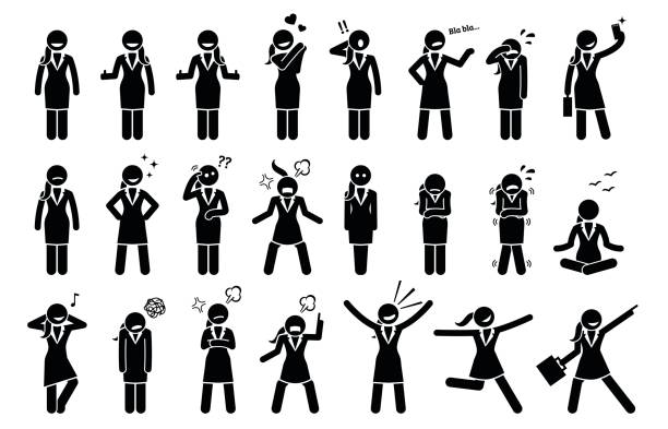 Businesswoman Feelings and Emotions. Artwork depicts business woman body language actions and expressions such as happy, sad, cheerful, angry, surprised, and determination. selfie symbols stock illustrations