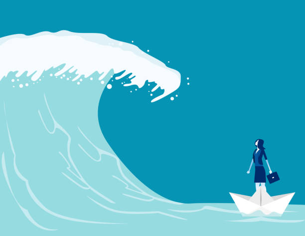 bizneswoman znaleźć bariery do sukcesu. ilustracja wektorowa biznesu koncepcyjnego, łódź papierowa, fala tsunami, wyzwanie. - tsunami stock illustrations