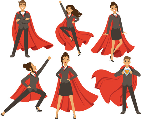 Businesswoman in action poses. Female superhero flying. Vector illustrations in cartoon style
