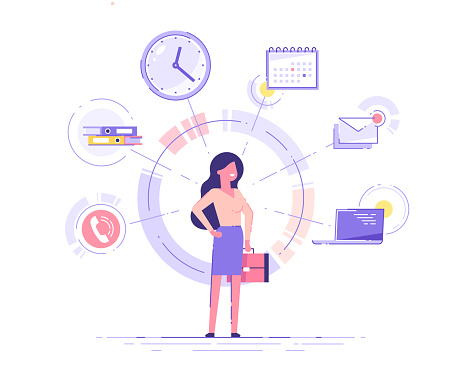 Businesswoman is standing and holding briefcase with office icons on the background. Multitasking and time management concept.  Effective management. Vector illustration.