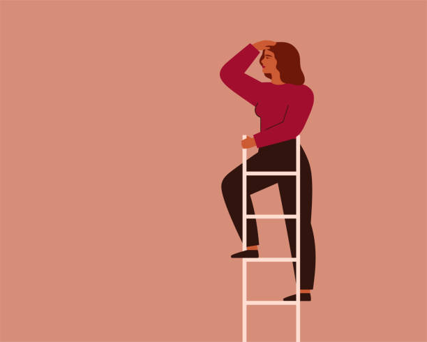 Businesswoman looks into the future at the top of ladder. Female entrepreneur searches for opportunities and new business ideas. vector art illustration
