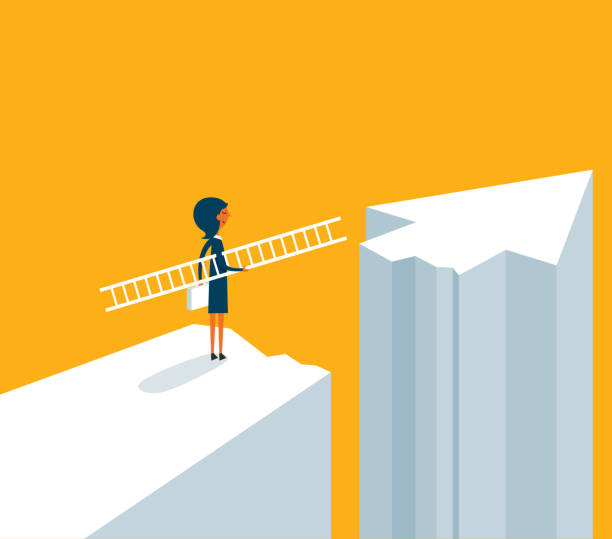 Businesswoman on standing between chasm and success Businesswoman made decisions crisis stock illustrations