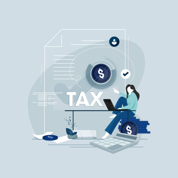 ilustraciones, imágenes clip art, dibujos animados e iconos de stock de empresaria paga impuestos a través de un concepto de plataforma en línea - irs