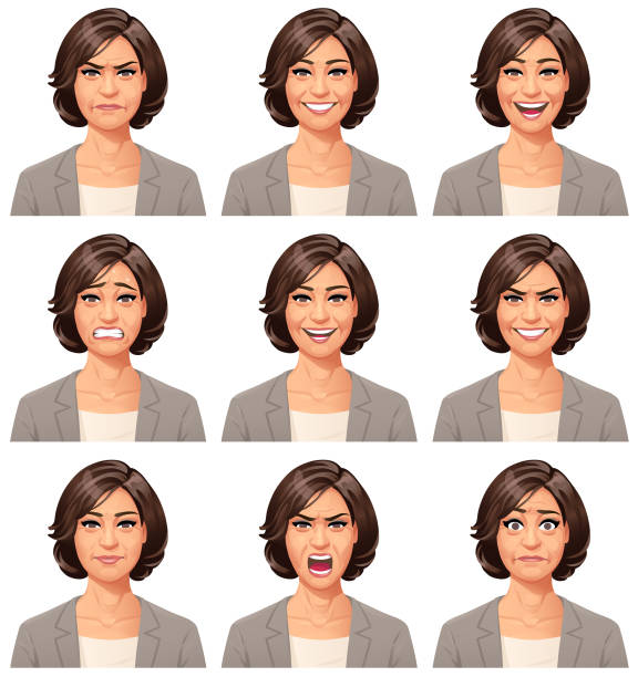 Businesswoman Portrait- Emotions Vector illustration of a businesswoman with nine different facial expressions: anxious, neutral, smiling, angry, furious/shouting, mean/smirking, talking, laughing, stunned/surprised. Portraits perfectly match each other and can be easily used for facial animation. older woman stock illustrations
