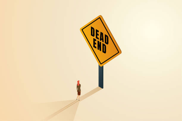 Businesswoman standing in front of a dead end sign. Businesswoman standing in front of a dead end sign. Wrong decisions, obstacles, business risks the end of the path or the dead end of a career. isometric vector illustration. dead end road stock illustrations
