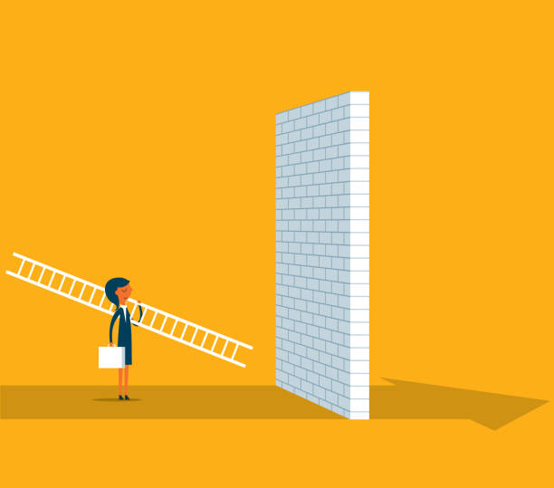Businesswoman standing in front of a large brick wall Businesswoman Carrying Ladder to Climb Wall construction barrier stock illustrations
